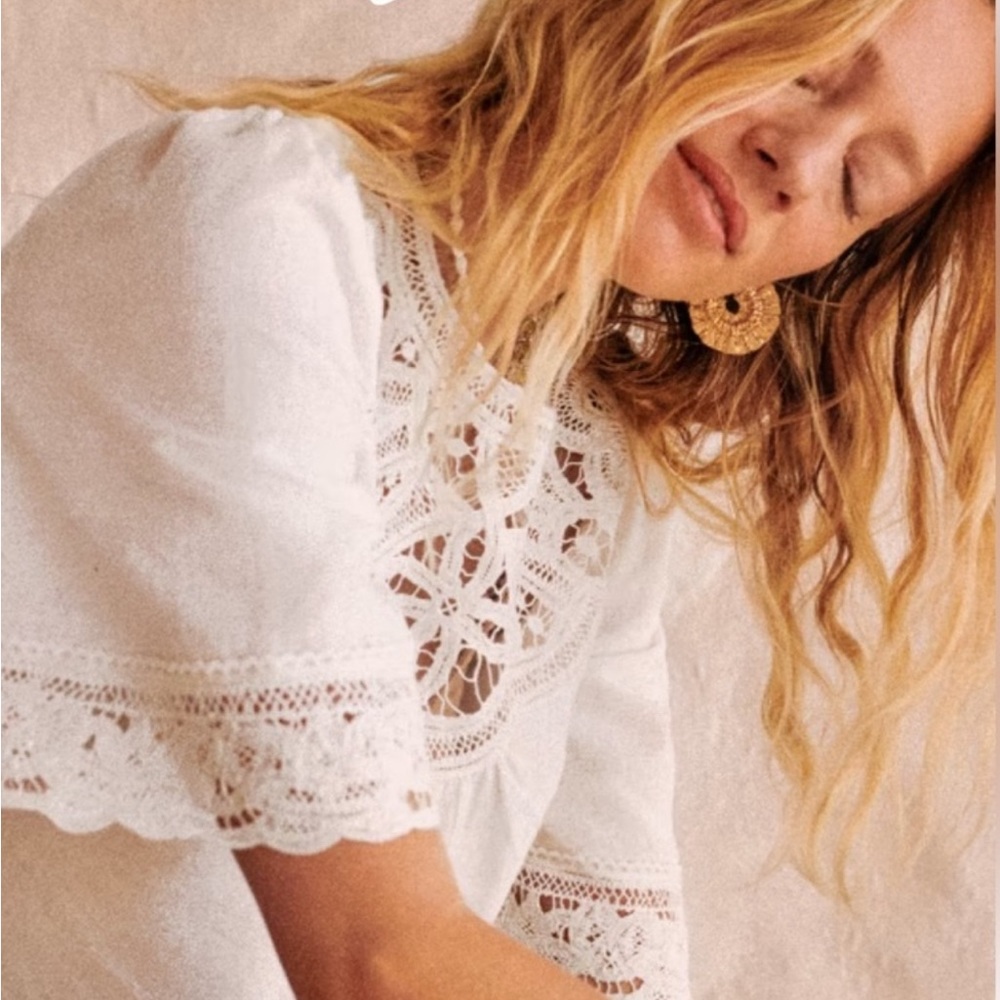NWT Sezane Milano blouse short sleeve top linen cotton blend lace detail